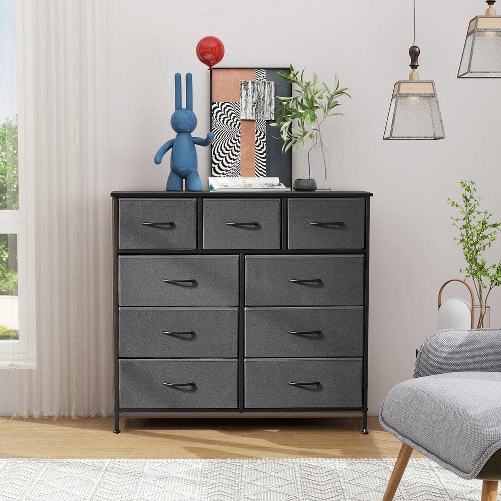 9 Drawer Dresser, Wide Chest Of Drawers Nightstand Storage Tower Storage Dresser Fabric Dresser With Wood Top, Metal Frame, Gray