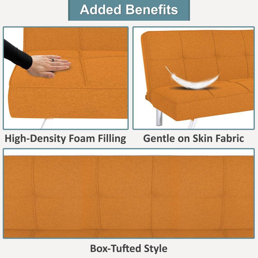 Modern Futon Sofa Bed - Compact Design for Small Spaces - Convertible Futon with Linen Fabric for Premium Comfort - Ideal Guest Couch - Stylish & Durable, Supports up to 750 lbs. - Tangerine