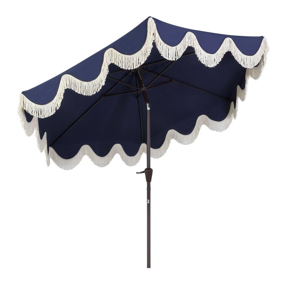 Arlmont & Co. Teretha 9 ft. Classic Cottage Tassel Market Patio Umbrella with Auto-Tilt, Crank, and UV Protection