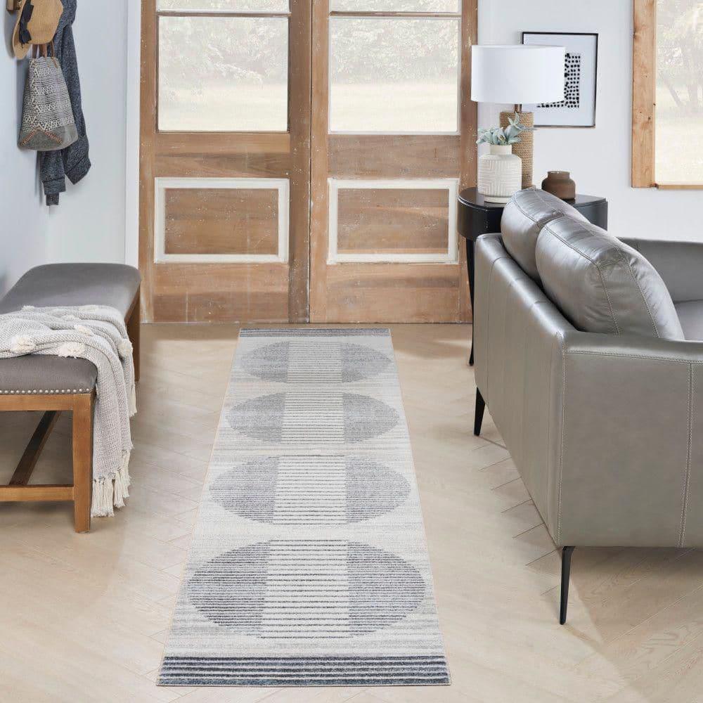 Nourison Astra Machine Washable Stripe Circle Mid-Century Modern Indoor Bathroom, Kitchen Runner Rug Ivory Blue 2'2" x 10'
