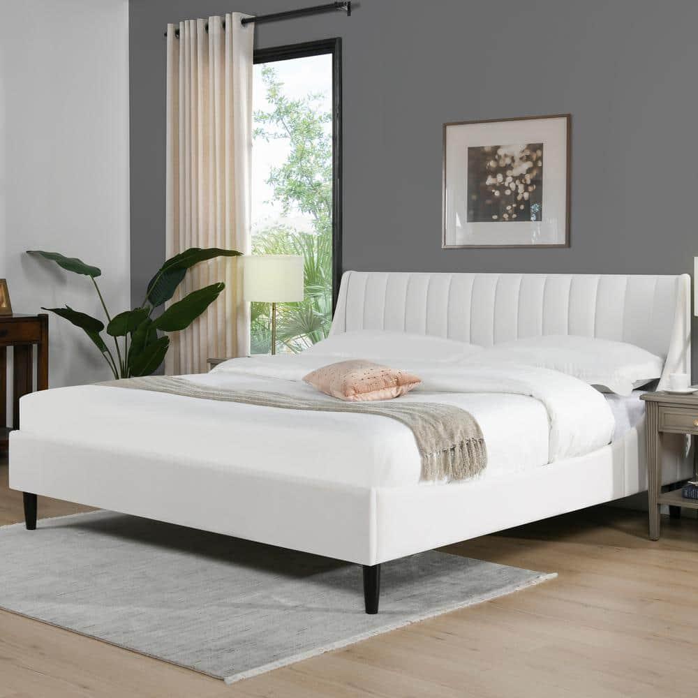 Aspen Vertical Tufted Headboard Platform Bed Set King Cloud White Velvet
