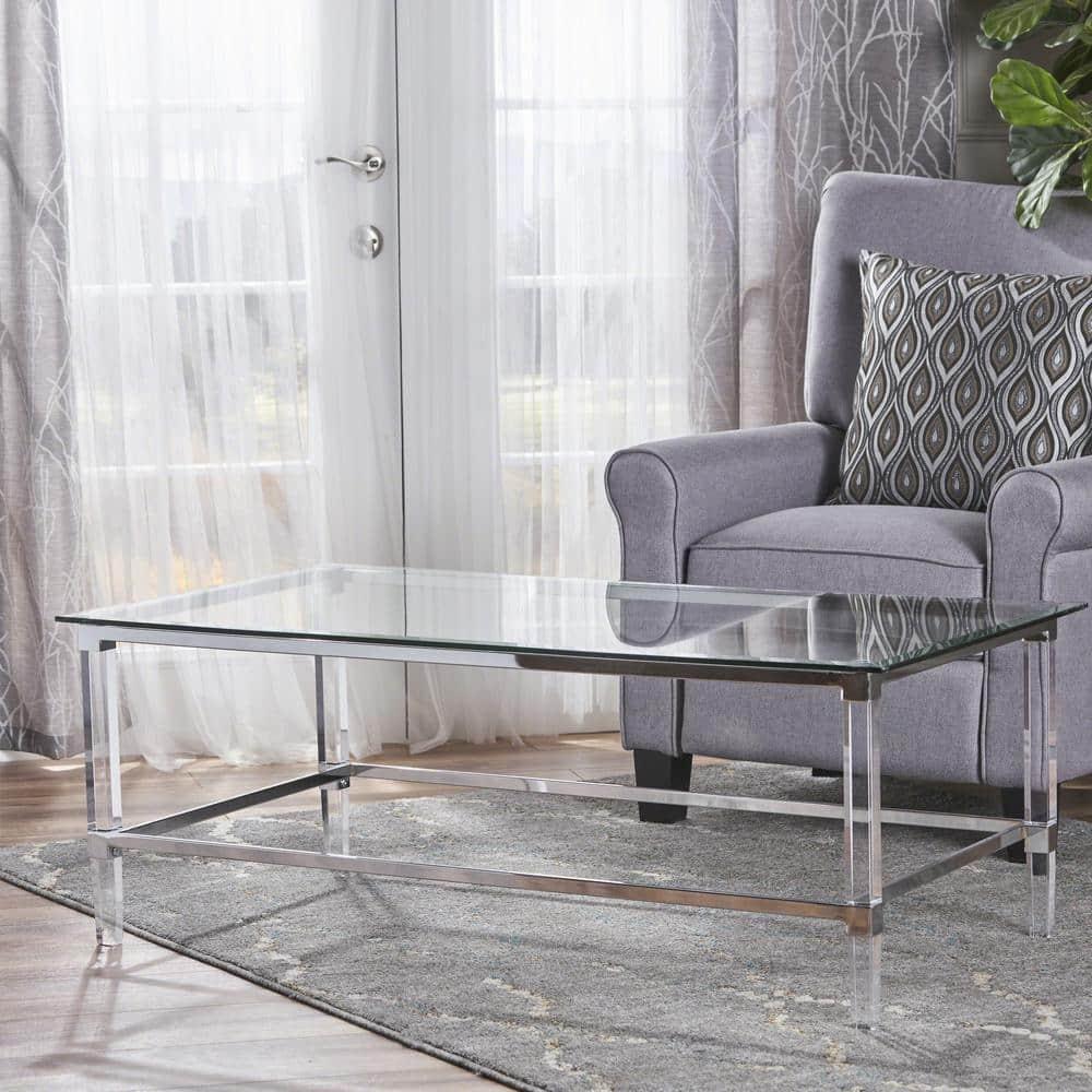 Noble House Liat Modern Tempered Glass Rectangular Coffee Table with Acrylic and Iron Accents