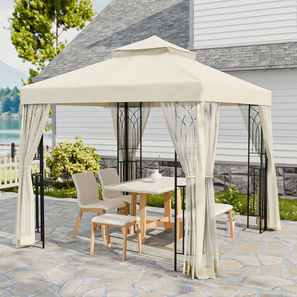 COOS BAY 8 Ft. W x 8 Ft. D Steel Frame Vented Soft Top Patio Gazebo with Mesh Netting, Corner Shelves
