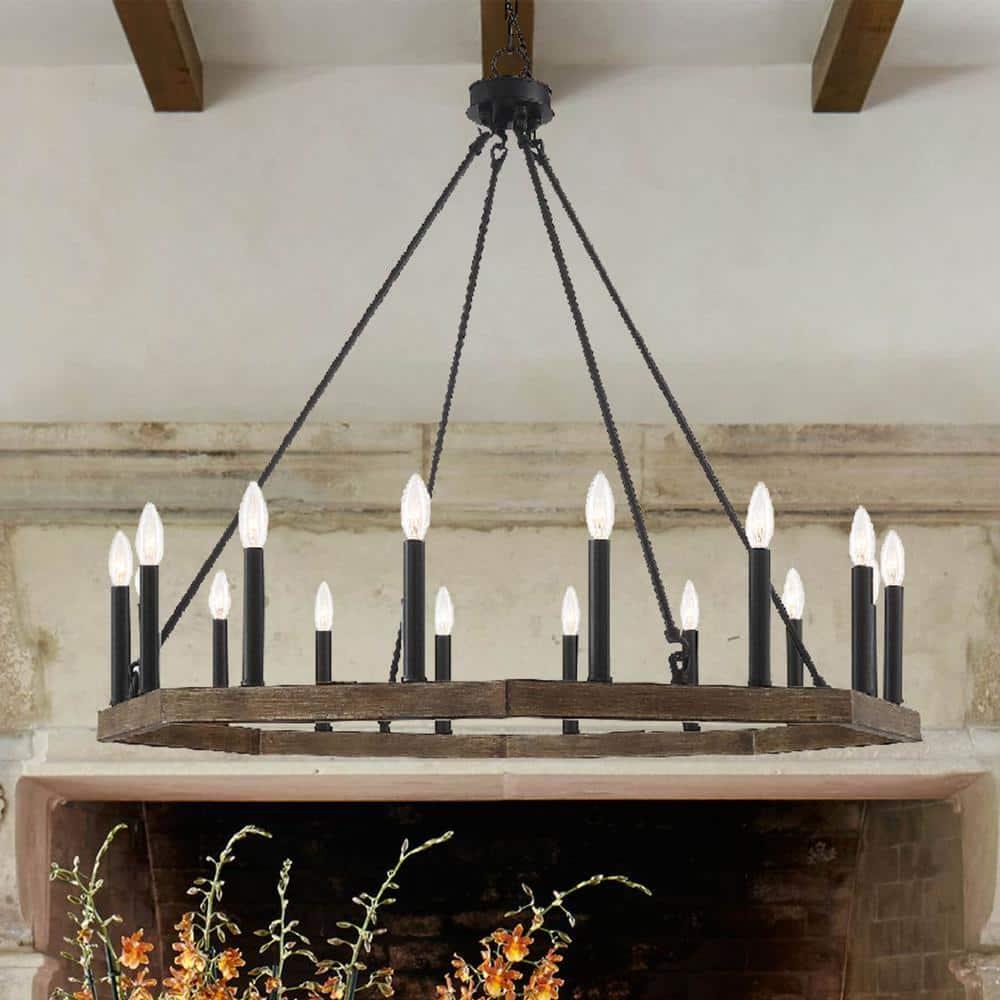 Vanity Art 10586DW-BK 39.75 x 39.75 x 38 in. 16-Light Candle Style Wagon Wheel Chandelier, Darkwood & Black