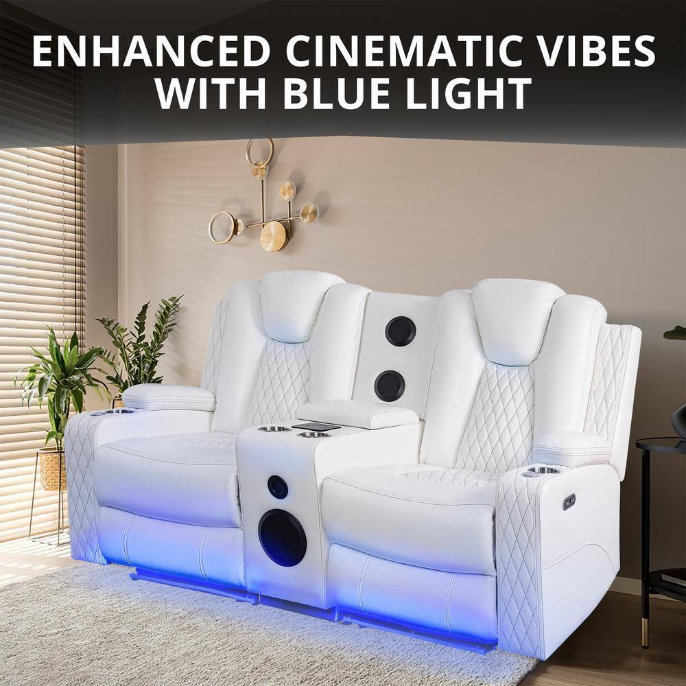 Home Theater Seating, Gaming Couch for Adults, Wireless Charging Movie Theater Couch, Power Recline Loveseat with 6 Cup Holders and Tray, Powerful in-Built Speaker, USB-Color:White,Fabric:Air Leather