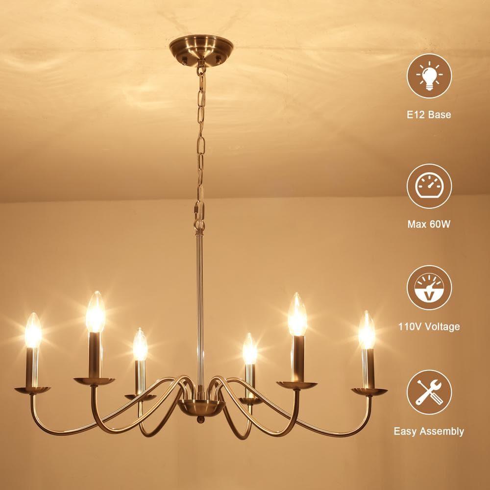 6-Light Farmhouse Chandelier for Dining Room Lighting Fixtures Hanging Brushed Nickel Chandelier for Kitchen Industrial Pendant Candle Lighting or Living Room Entryway Bedroom Foyer