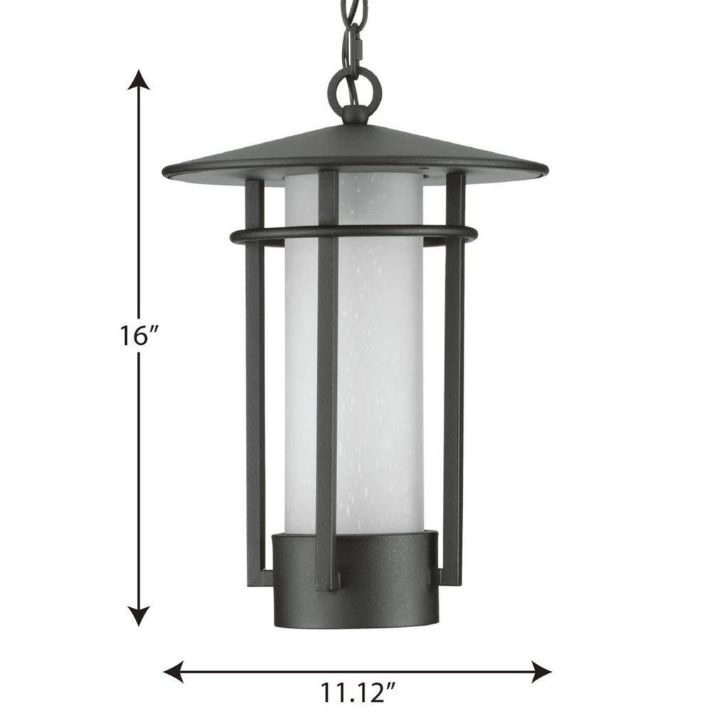 Exton Collection One-Light Textured Black and Etched Seeded Glass Modern Style Outdoor Hanging Pendant Lantern
