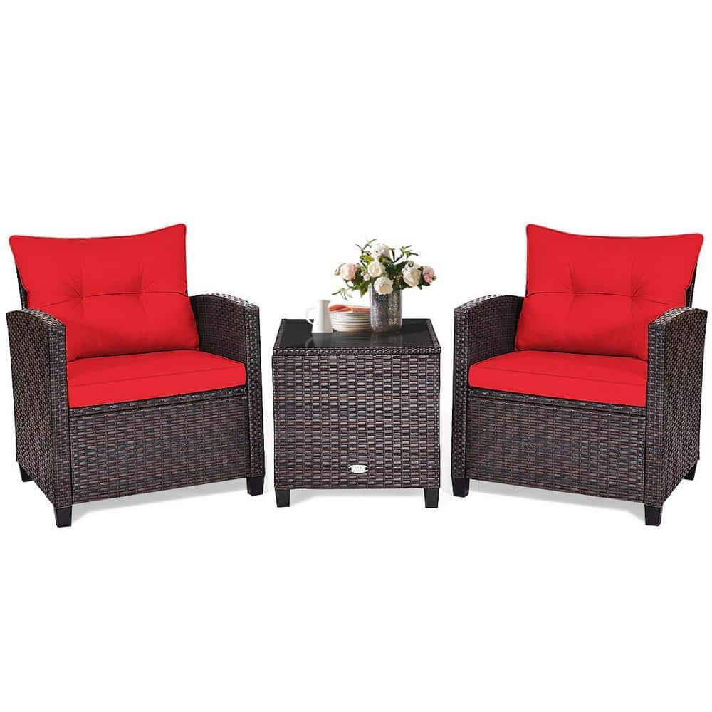Tangkula 3PCS Wicker Cushioned Conversation Set Outdoor Rattan Furniture w/Red Cushions