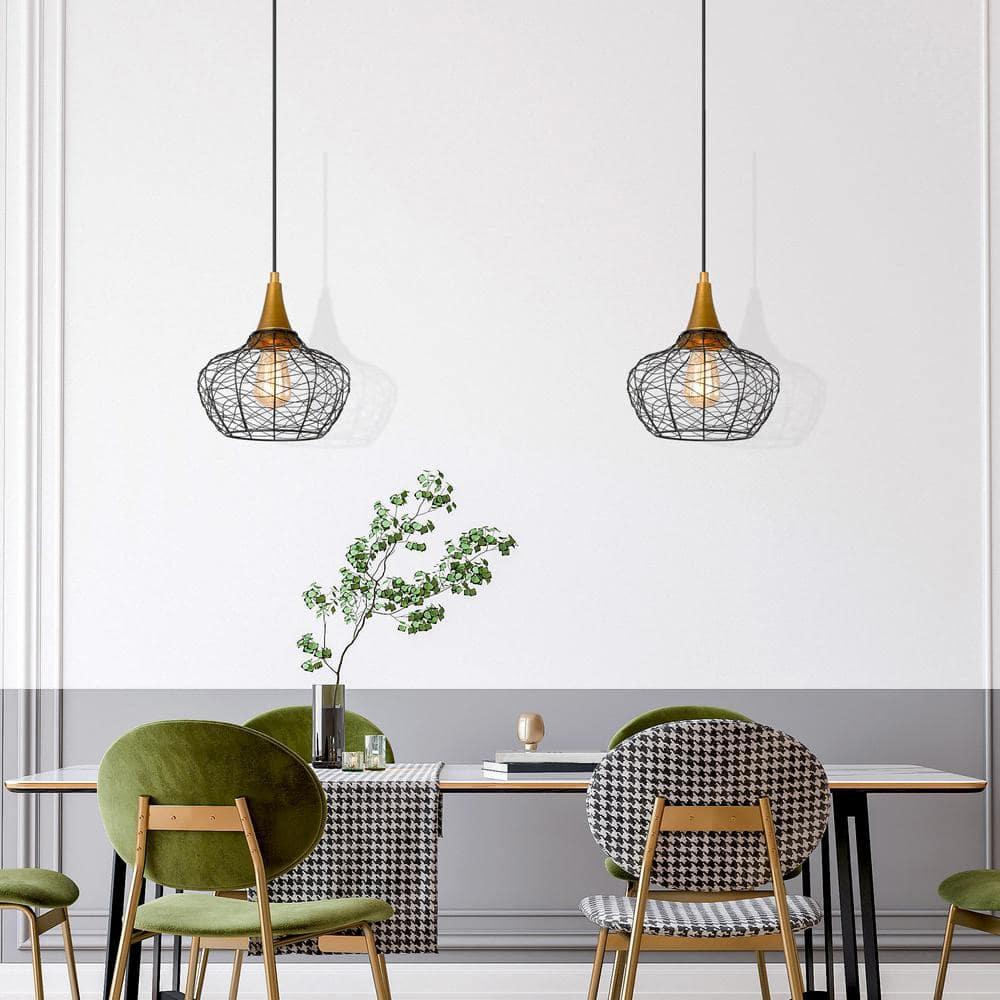 Modern Industrial Black and Brass Geometric Cage Pendant Light
