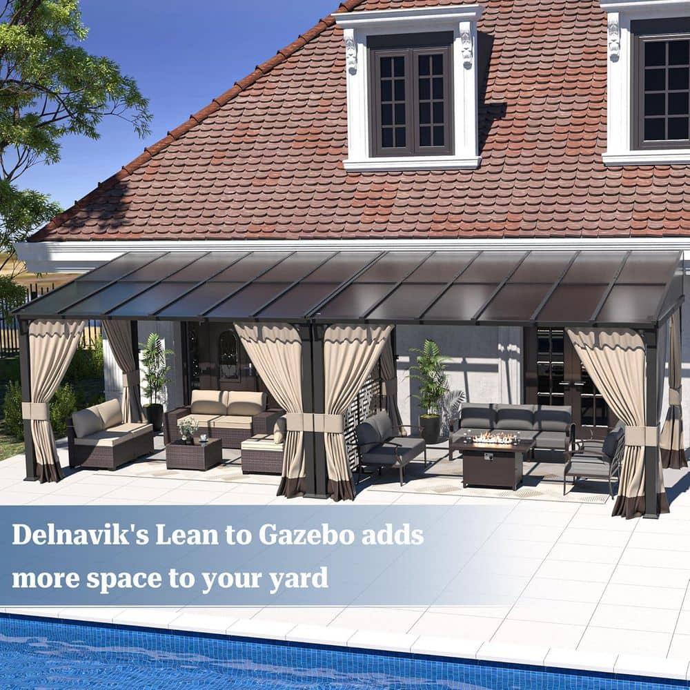 10 ft. x 12 ft. Brown Hardtop Wall Mounted Gazebo with Sloping Pitched Roof and Curtain Sand