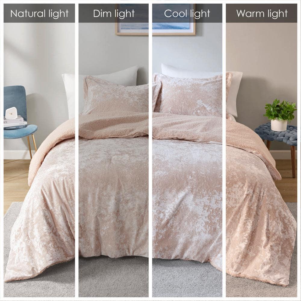 Intelligent Design Queen Comforter Set, Reversible Velvet Comforter Set, Soft & Warm Sherpa Reverse, Winter Fluffy Comforter Bed Set with 2 Shams, Mira, Full/Queen Blush 3 Piece
