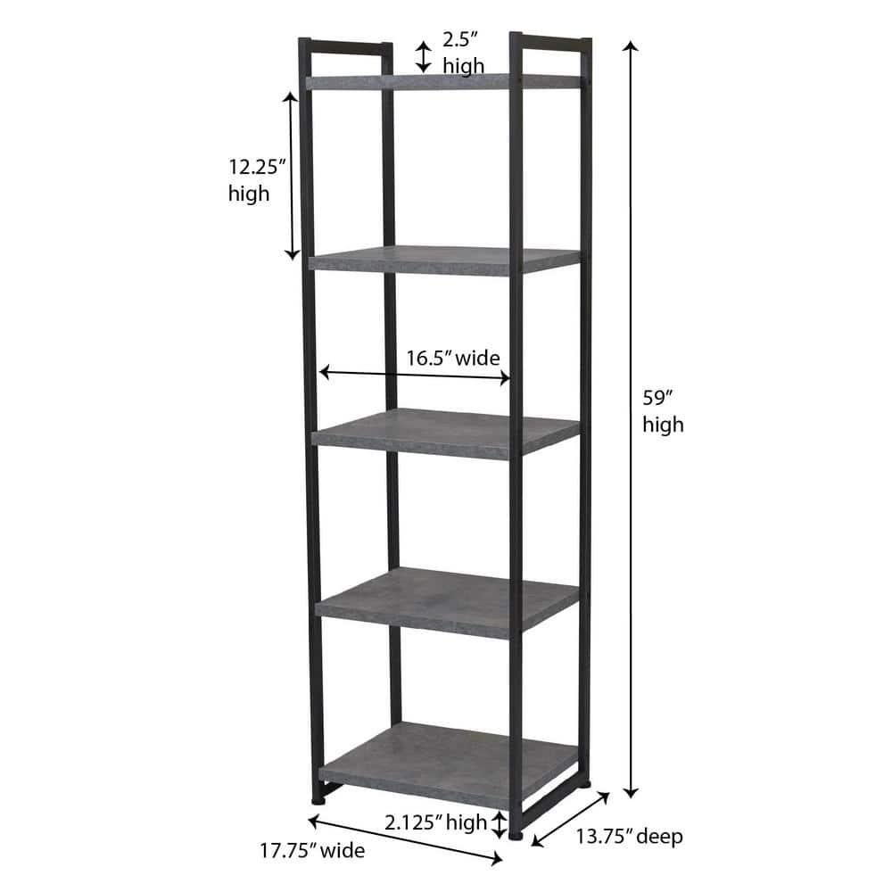 Household Essentials 59.1" Jamestown Narrow 5 Shelf Bookshelf Slate Gray: Metal Frame, Adult Assembly Required