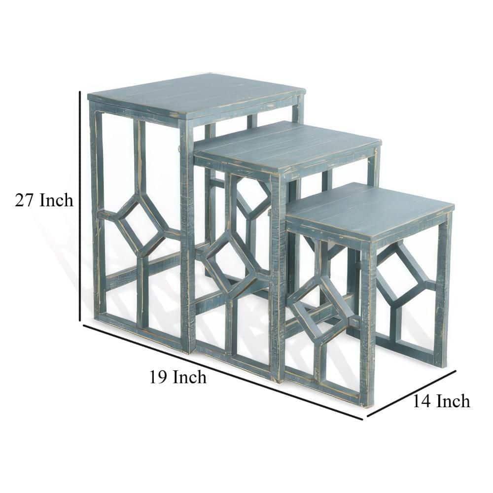 Benjara Rena 3 Piece Nesting Accent Table Set | Geometric Frame | Distressed Pebble Solid Mahogany Wood