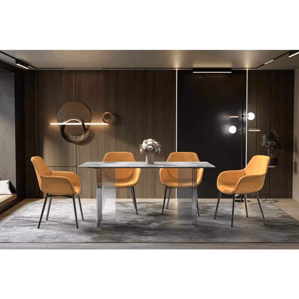 LeisureMod Modern 62” Rectangular Dining Table for 4 to 8 People with Sintered Stone/Glass Top and Acrylic Base Kova Series in Light Grey