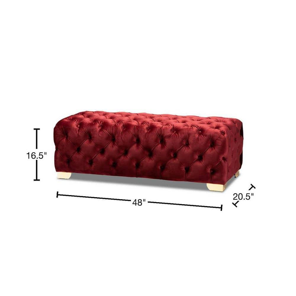 Avara Velvet Button Tufted Bench Ottoman Red - Baxton Studio: Gold Legs, Plywood Frame, Luxurious Bedroom Furniture