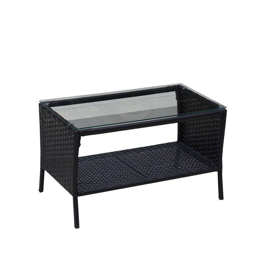 Seizeen Outdoor Patio Conversation Set, 4 Pieces Rattan Patio Set with Cushion, Patio Deck Yard Furniture Sofa Set, New Outdoor Coffee Table & Chairs, Green Cushion and Black Rattan