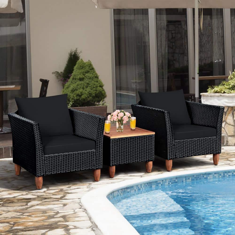 Costway 3PCS Outdoor Patio Rattan Furniture Set Wooden Table Top Cushioned Sofa Black