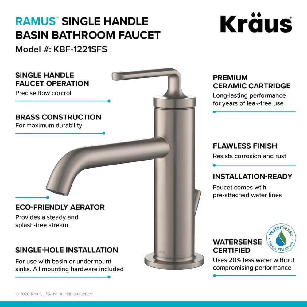 KRAUS Ramus Single Handle Bathroom Sink Faucet with Lift Rod Drain