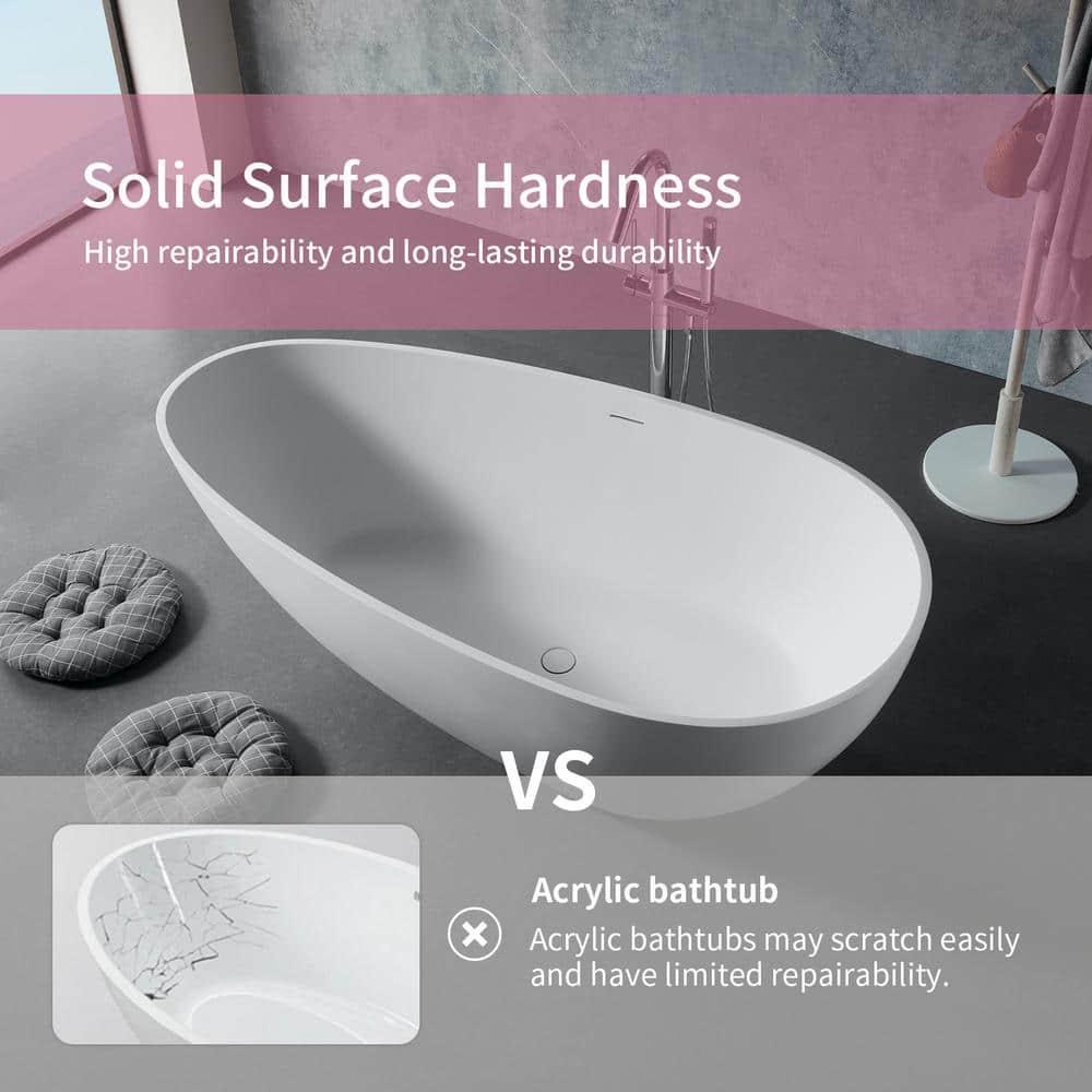 59" x 31" Freestanding Soaking Solid Surface Bathtub Stone Resin Bath Tub with Overflow and Pop-up Drain, Glossy/Matte White