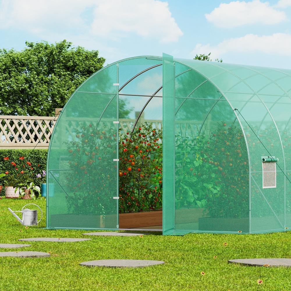 VEVOR Walk-in Tunnel Greenhouse, 27.4x9.5x7.4 ft Hoop House Greenhouse Tunnel, Plant Hot House with Galvanized Steel Frame, Green PE Cover, Swing Door and 16 Roll-up Windows for Outdoor