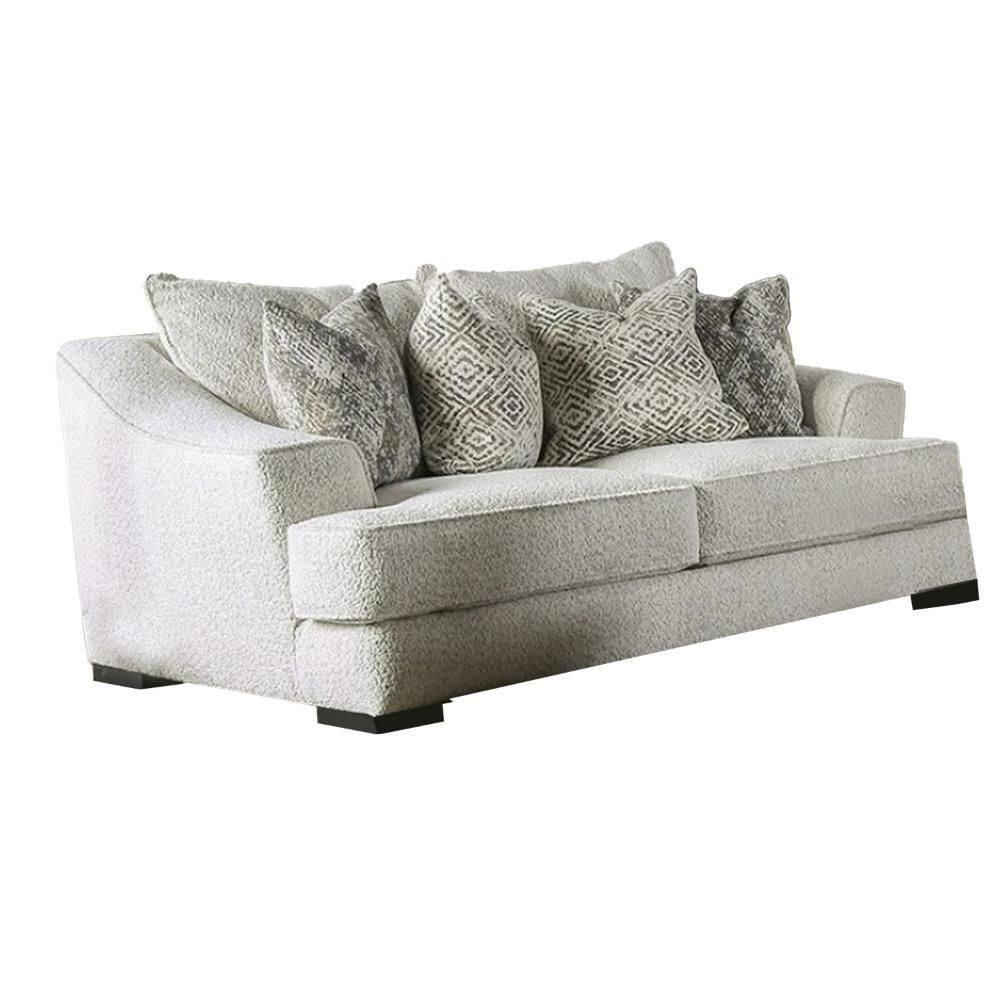 Benjara Syma Loveseat, Ivory Boucle, 4 Throw Pillows, Track Arms, 84 Inch