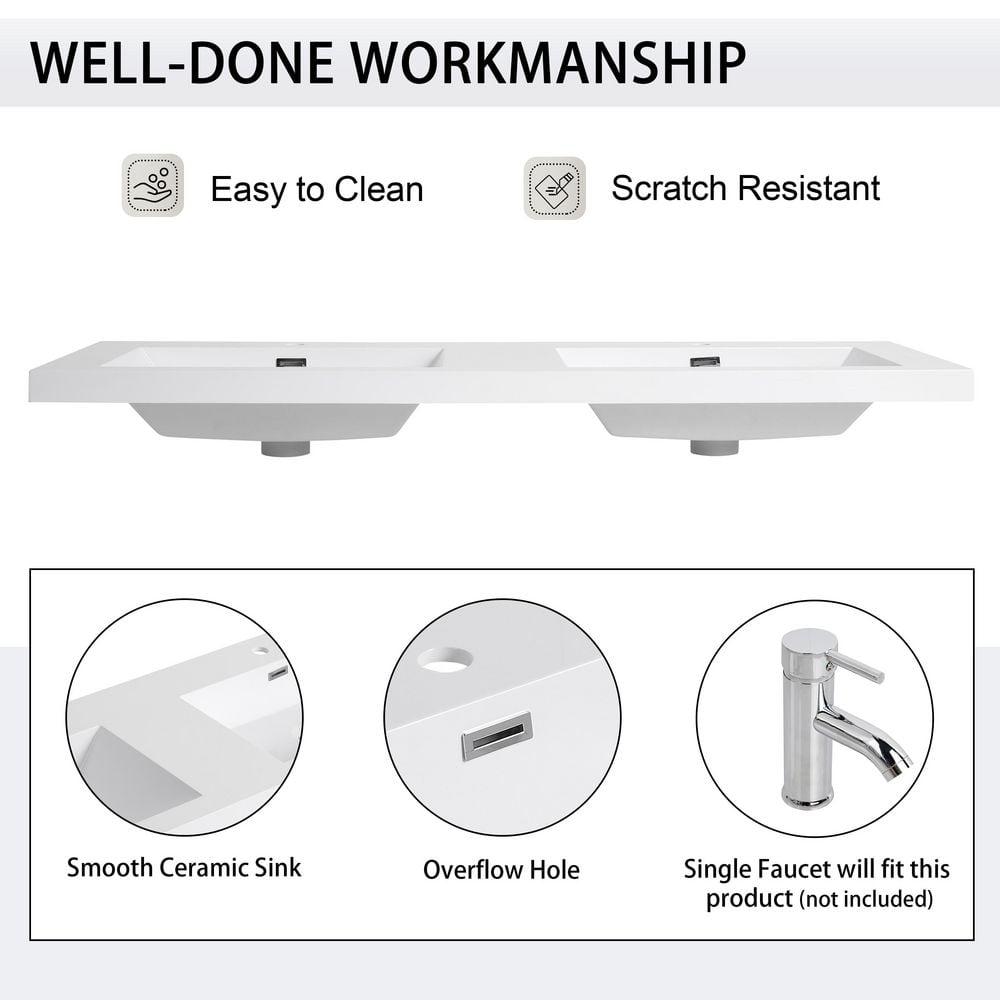 SSLine 60" Bathroom Vanity with Double Sink Mid-Century Modern Bathroom Sink Cabinet Freestanding Bathroom Vanities with Double White Top Basin and Adjustable Storage Shelves, Natural Brown Stripe