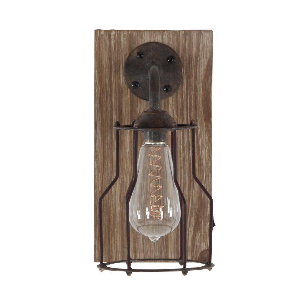 DecMode Industrial Metal Wall Sconce with Wood Backplate and Iron Cage, 6"W x 11"H Features Rustic Brown Finish