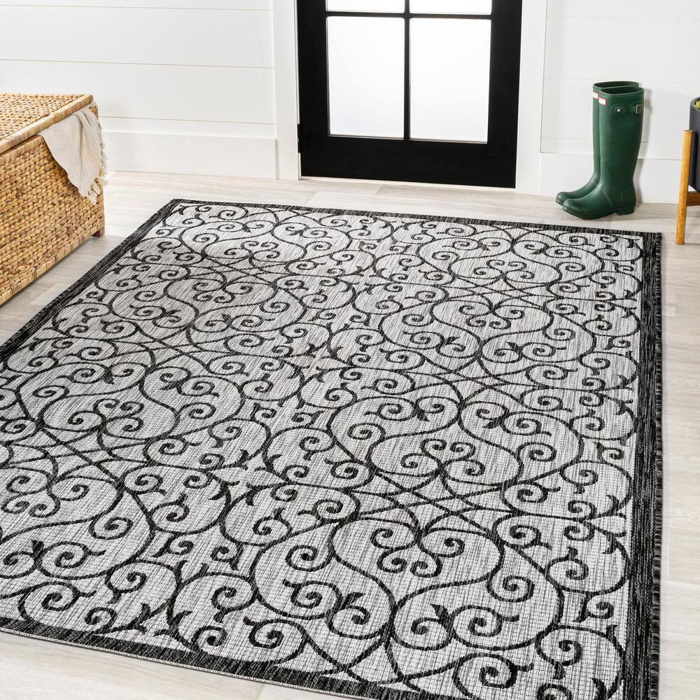 8' x 10' Madrid Vintage Filigree Textured Weave Indoor/Outdoor Area Rug, Light Gray/Black - JONATHAN Y