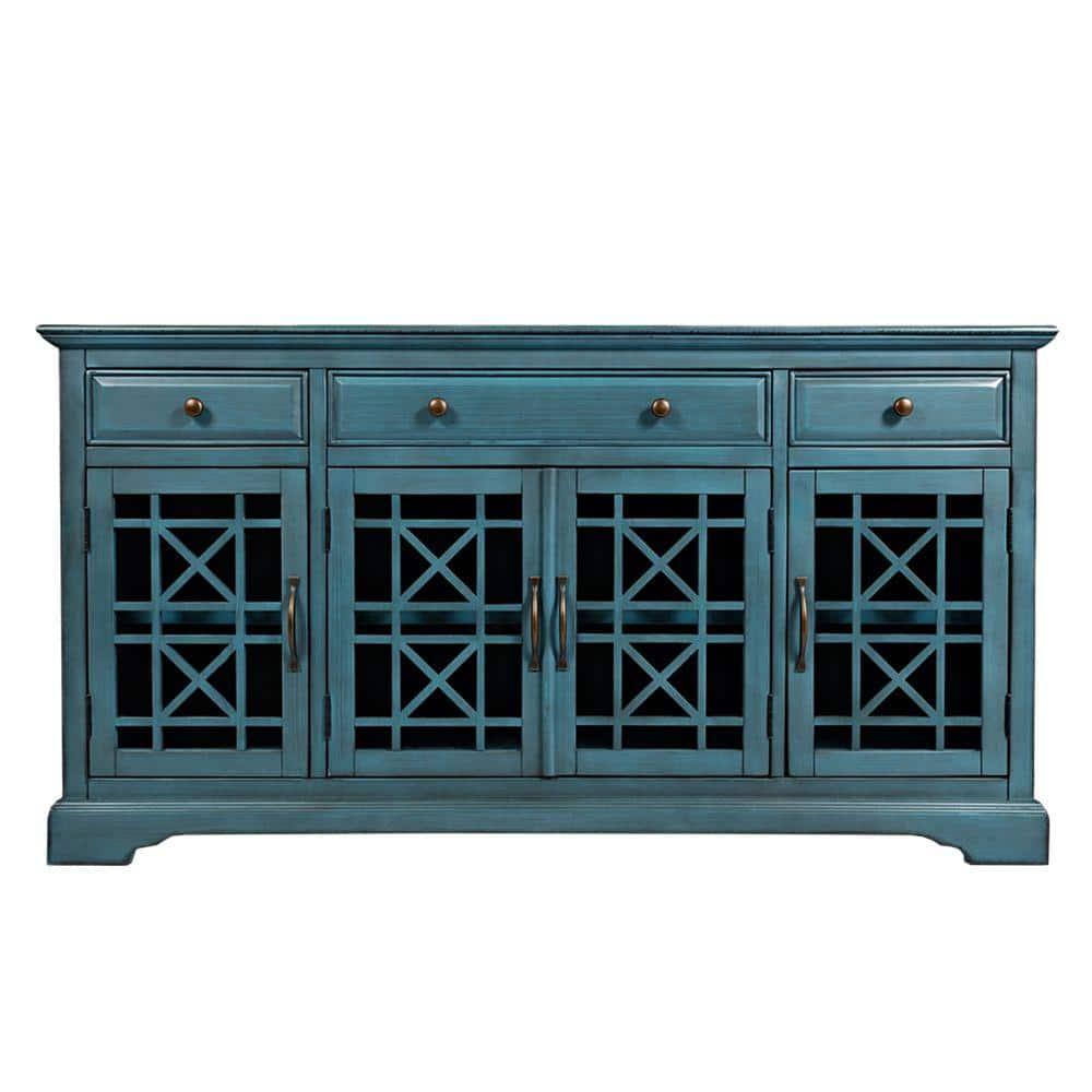 Benzara Koi 60 Inch Acacia Wood TV Media Entertainment Center Console, 4 Glass Doors, Crossed Wood Design, Antique Blue-Finish:Antique Turquoise