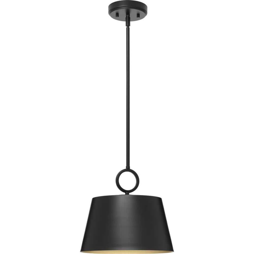 Progress Lighting, Parkhurst, 1-Light Dome Pendant, Matte Black, Gold Interior, Steel, Dry Rated. Ideal for modern farmhouse interiors.