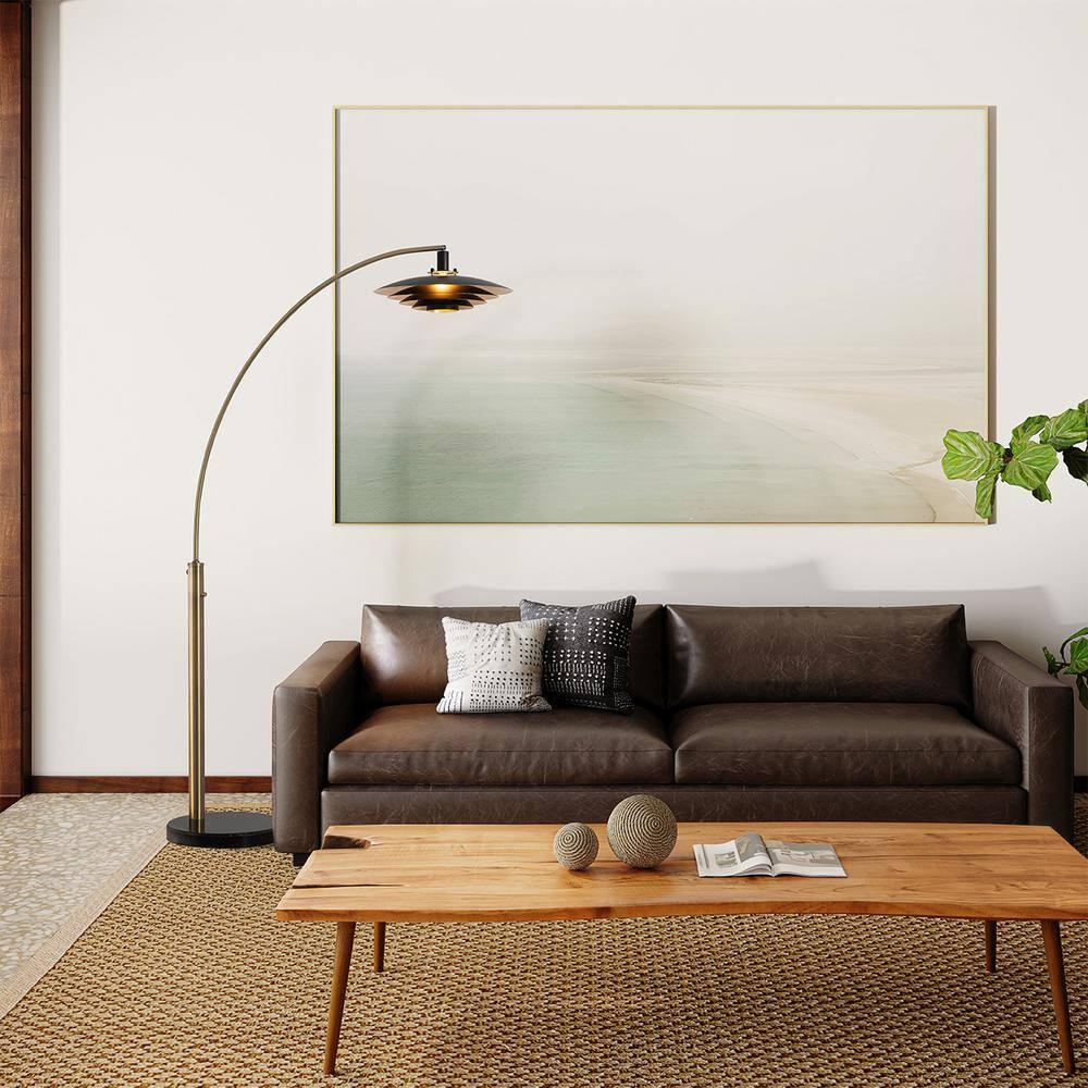 Rancho Mirage 1 Light Arc Floor Lamp - 86", Weathered Brass finish, Matte Black & Gold Leaf Shade, M