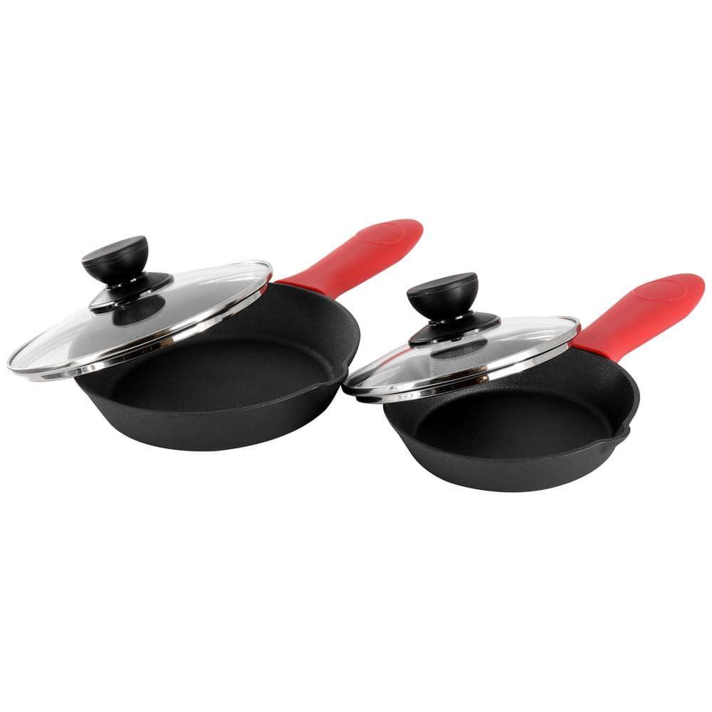 MegaChef 14 Piece Cast Iron Skillet Set with Tempered Glass Lids & Silicone Holders