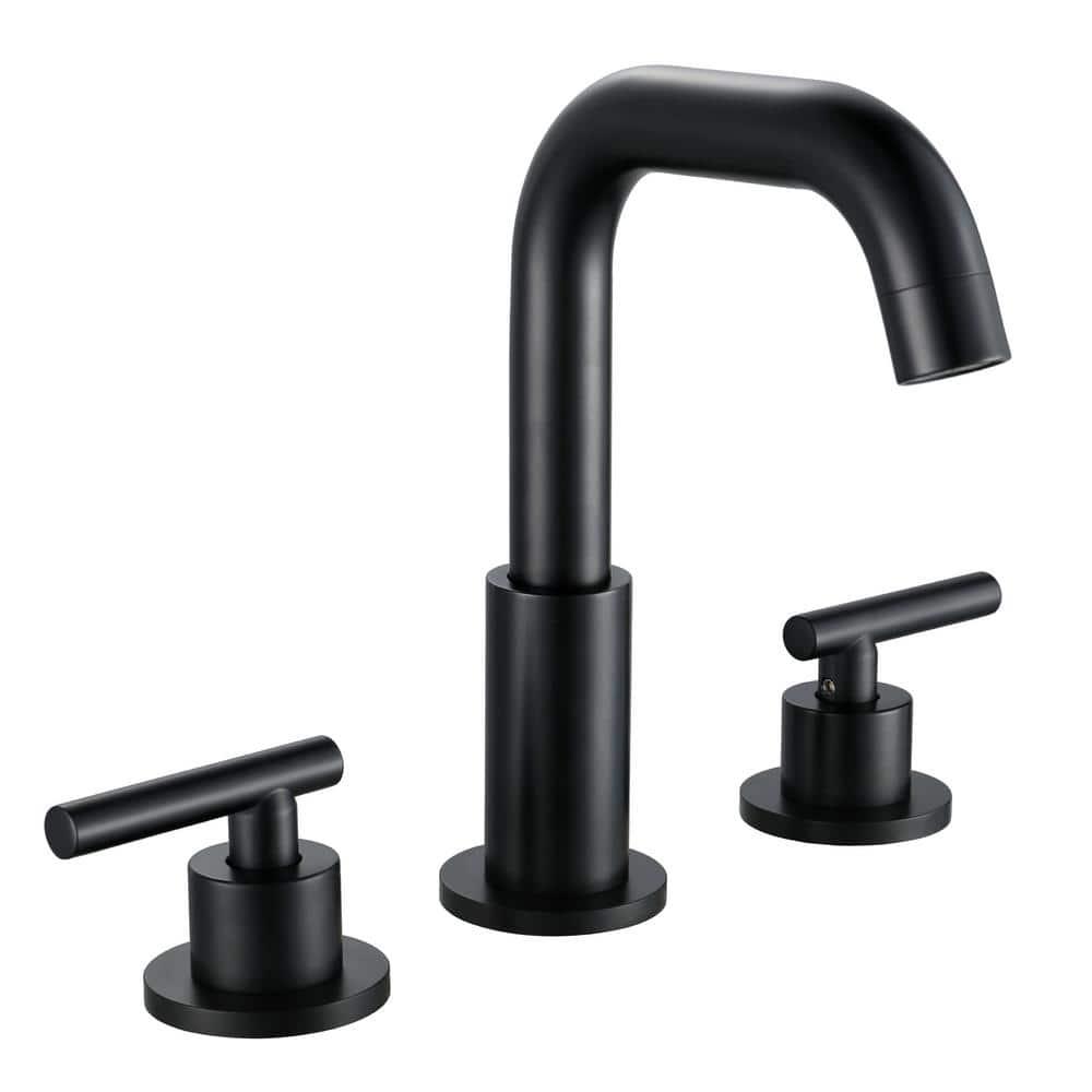 Matte Black 8 inch Widespread Bathroom Sink Faucet Vanity Lavatory Faucet for 3 Holes with Pop up Drain and 360 Degree Swivel Brass Spout