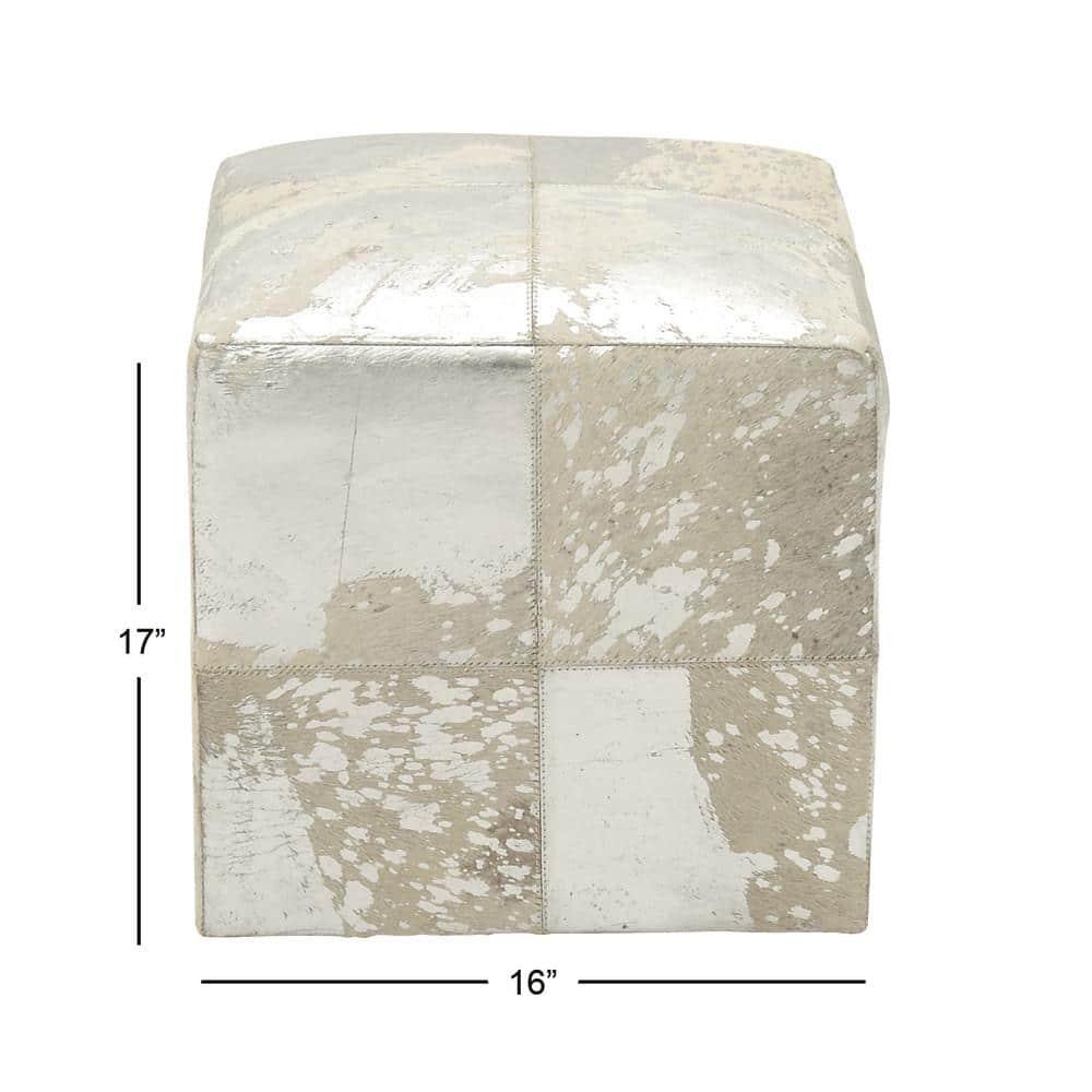 DecMode 16" x 17" White Leather Handmade Stool with Silver Foil Paint, 1-Piece