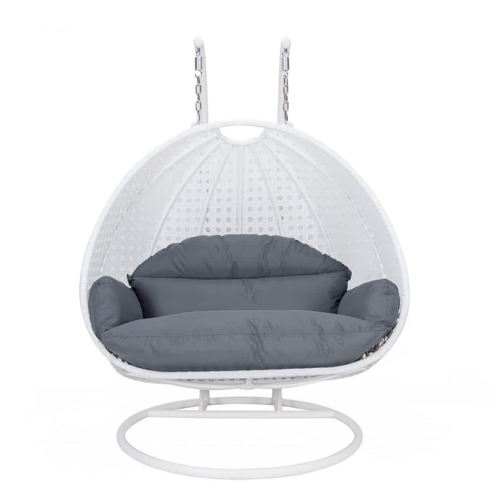 LeisureMod Modern Beige Wicker Hanging Double Seater Egg Swing Chair with Cushion, Dark Grey - Indoor/Outdoor Patio Swing