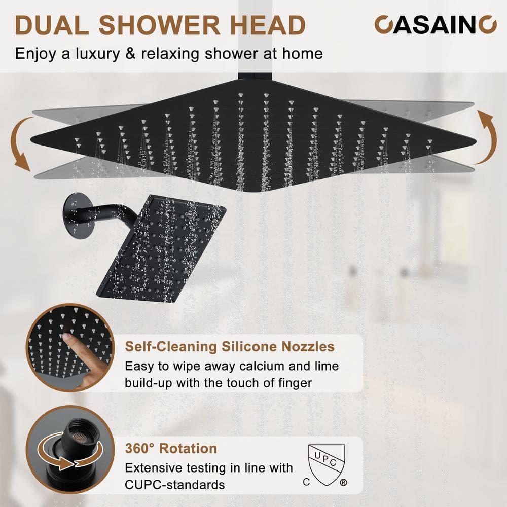 CASAINC Rainfall Symphony 16inch Dual Shower Head Rainfall Thermostatic Shower System with 16-inch Slide Bar and Body spray KCHS0019-16MB