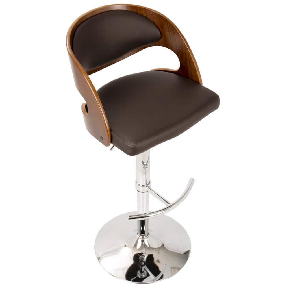 Walnut and Brown Adjustable Swivel Barstool with Leather Seat