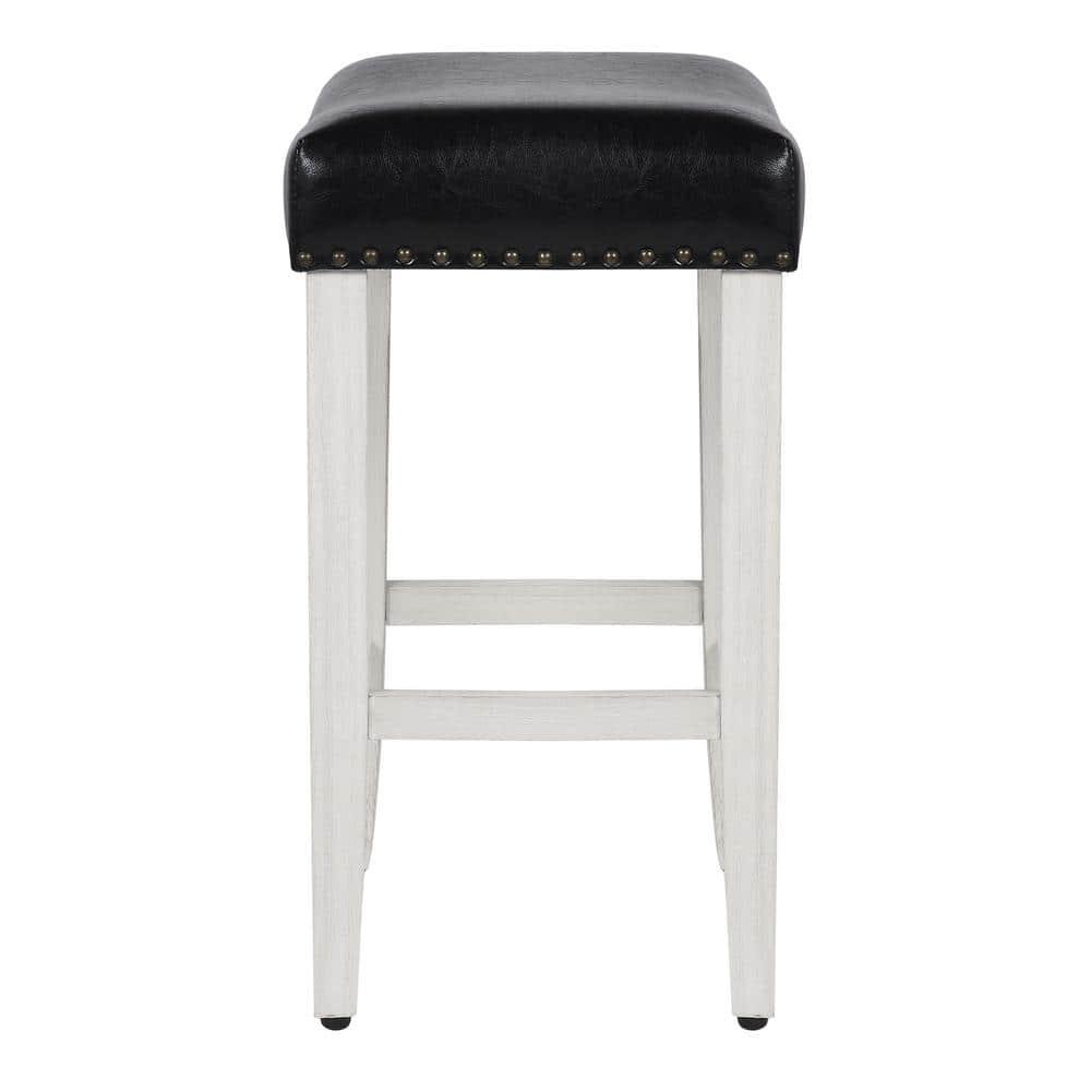 GRANDVILLA 24" Upholstered Bar Stool with Nail Head Trim, Antique White/Leather