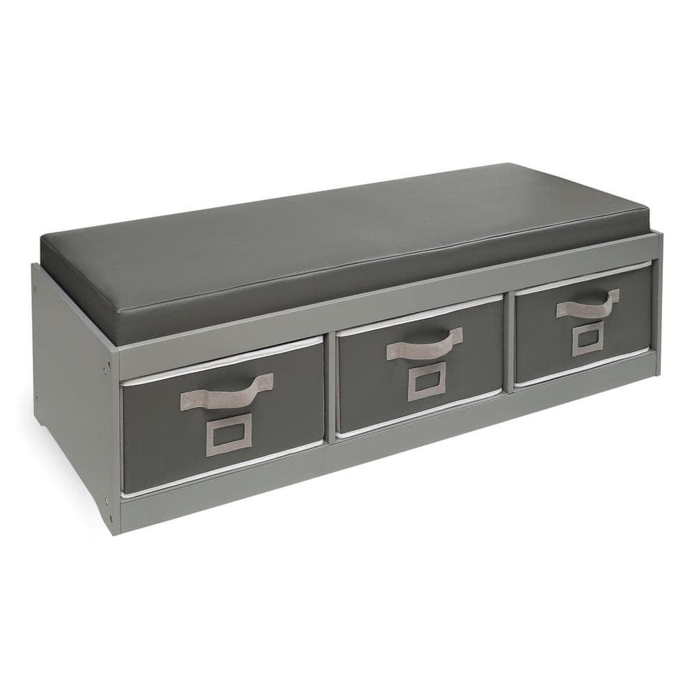 Badger Basket Kid's Storage Bench with Cushion and Three Bins - Gray