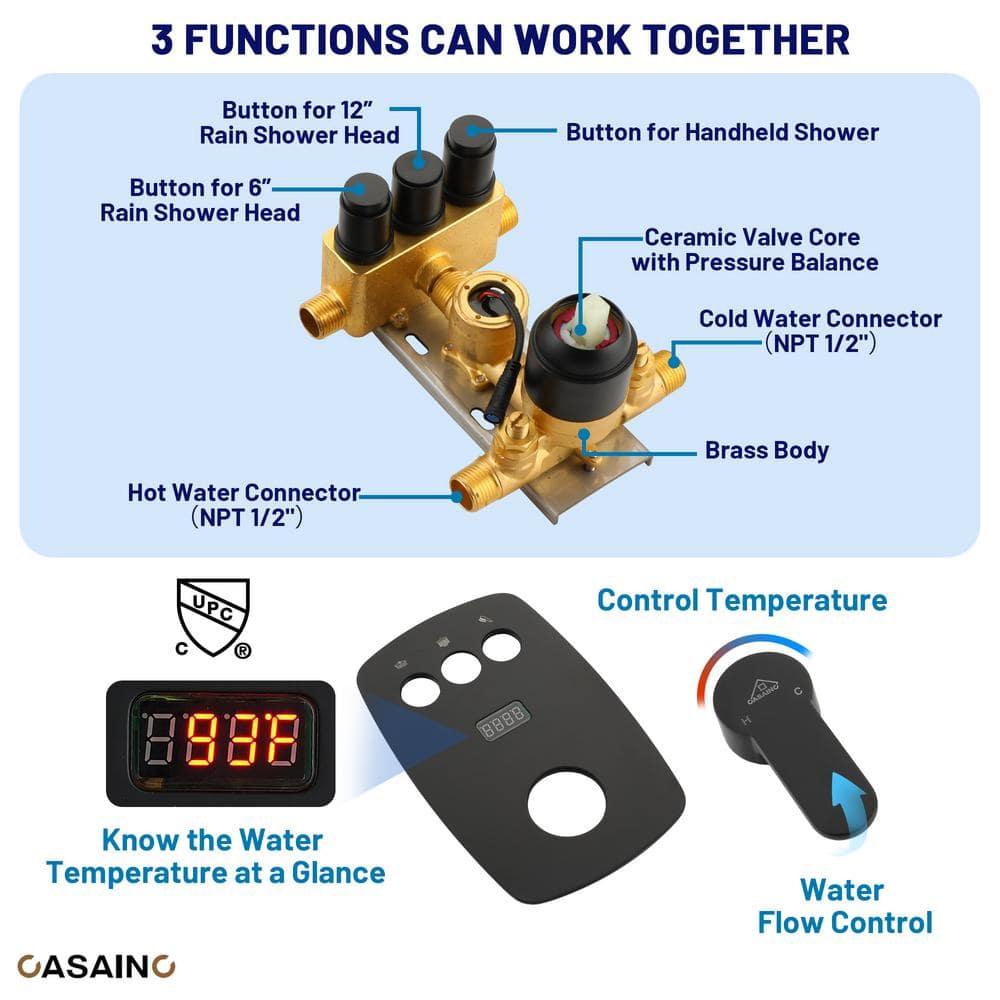 Rainfall Symphony 12inch Dual Showerhead Temperature Display Shower System with 2 in 1 Slider Bar Shower Handheld