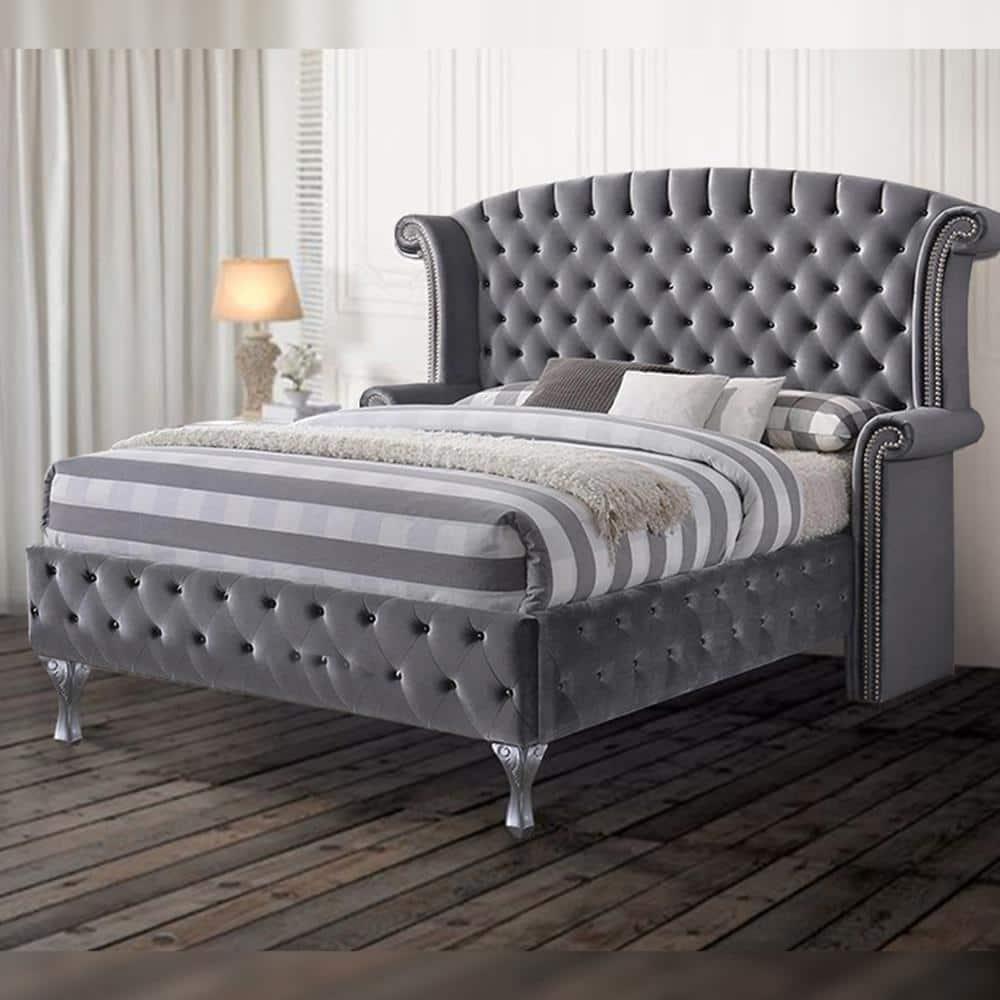 ACME Rebekah Eastern King Bed, Gray Velvet (1Set/4Ctn)-Color:Gray Velvet,Quantity:1,Style:Transitional