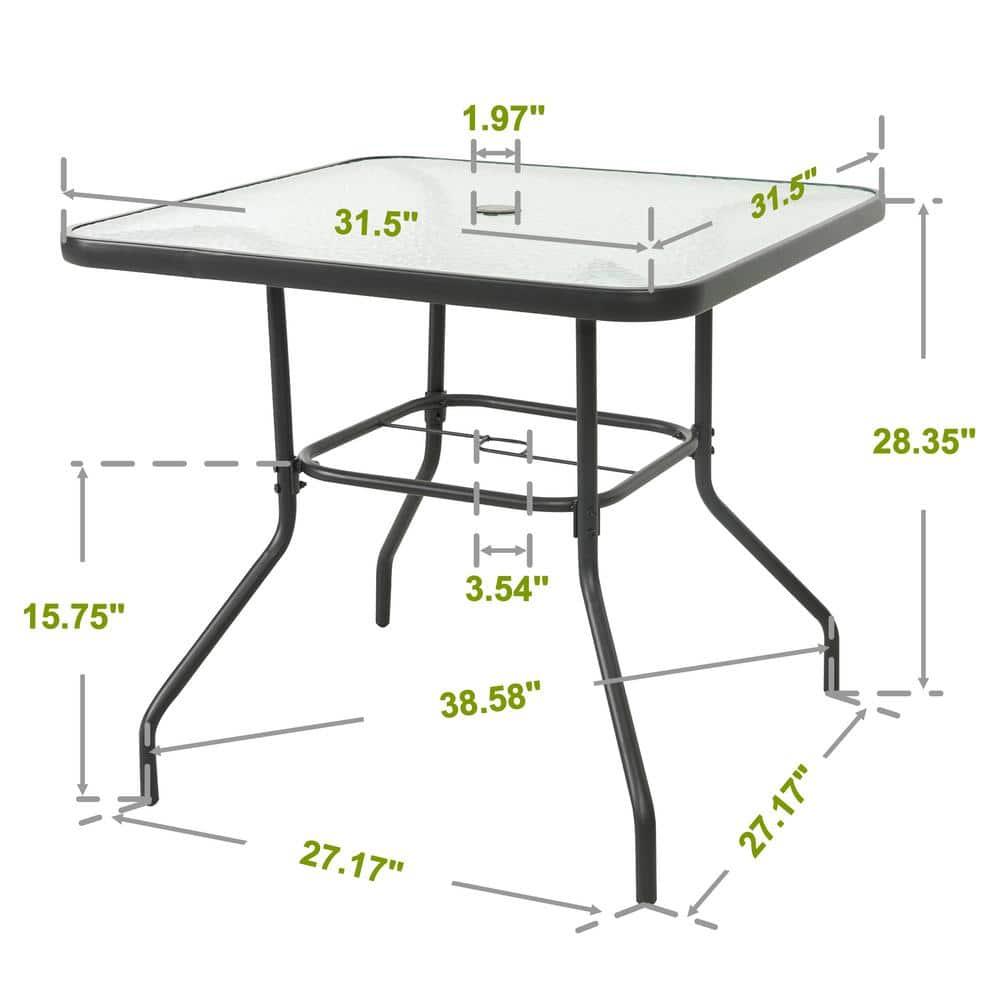 Square Outdoor Table, Patio Table with Umbrella Hole, Patio Dining Table with Tempered Glass, Outdoor Dining Tables, Square Patio Table for Balcony, Backyard, Poolside, Sunroom, Patio Tables, Black