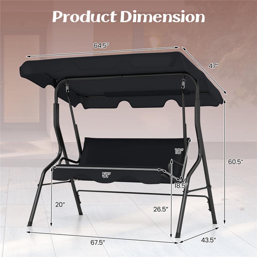 Black Steel Frame 3-Person Patio Swing with Adjustable Canopy