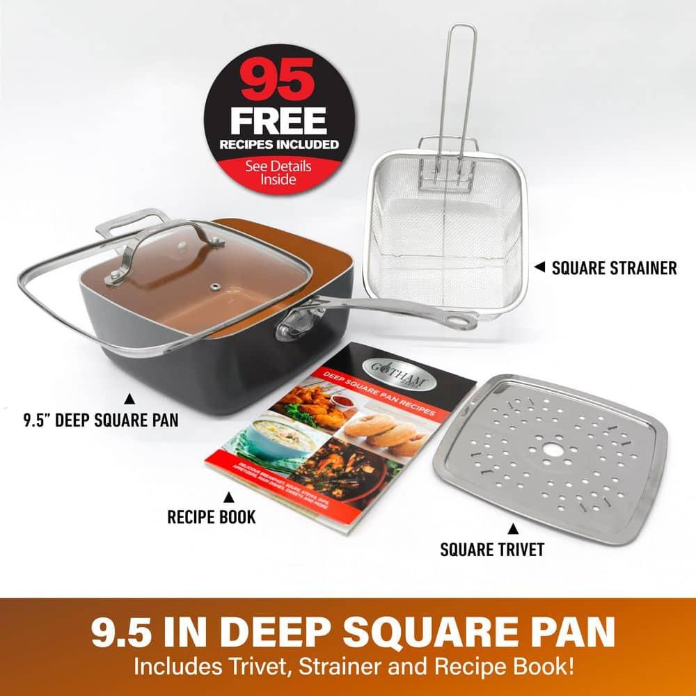 Gotham Steel Gotham Steel 9.5" Deep Squre Nonstick Pan with Steamer Tray, Fry Basket and Glass Lid