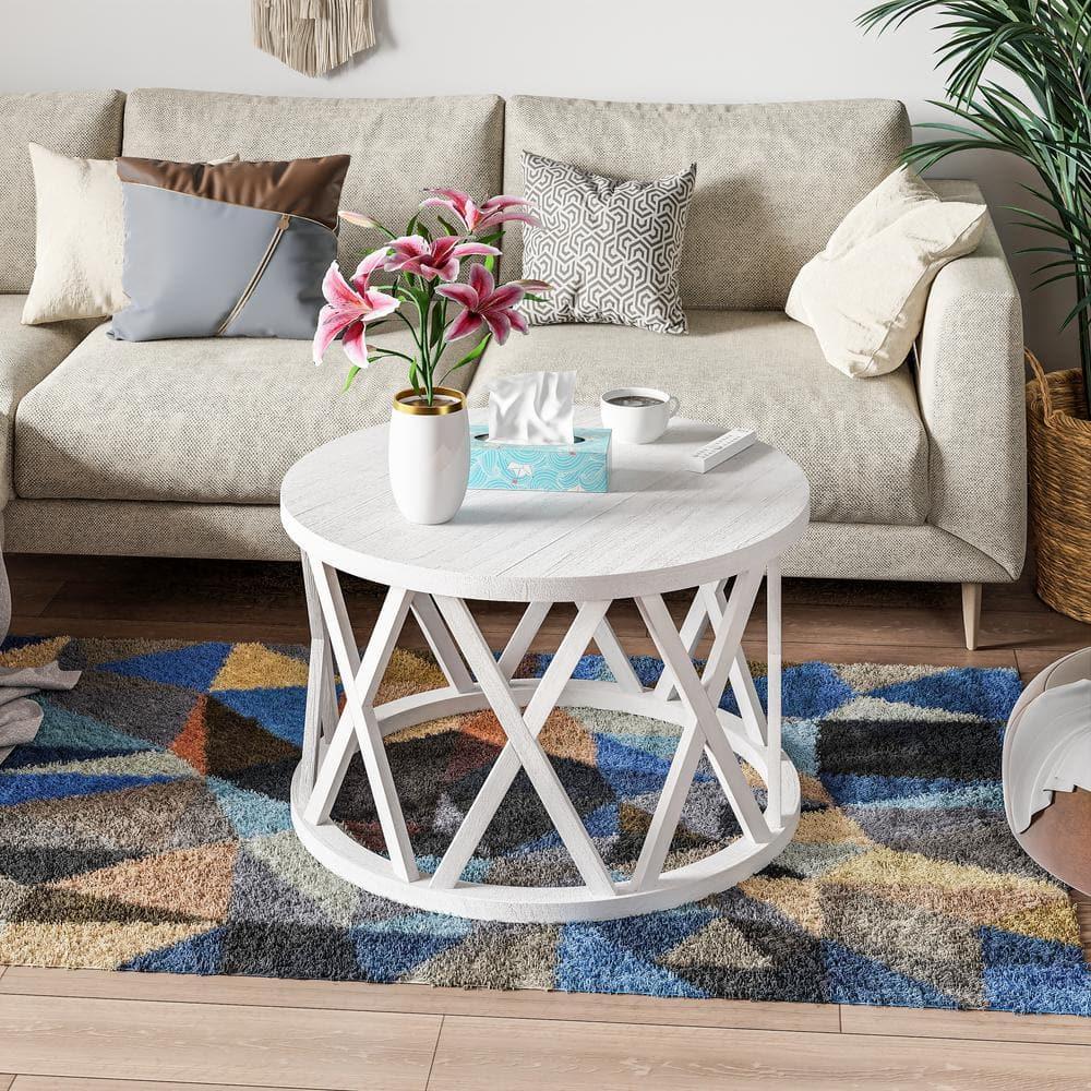 Antique White Round Wood Coffee Table with X-Motifs