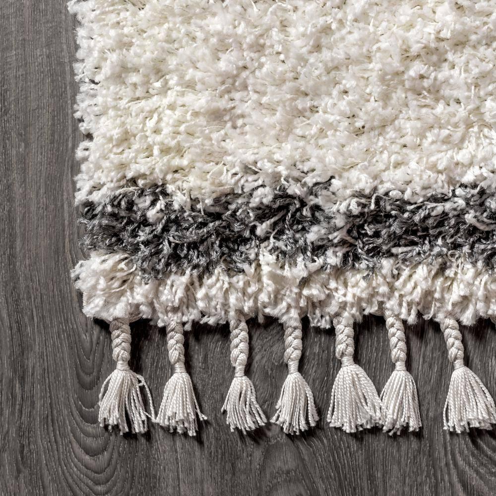 5'x8' Mercer Shag Plush Tassel Moroccan Geometric Trellis Area Rug, Cream/Grey - JONATHAN Y