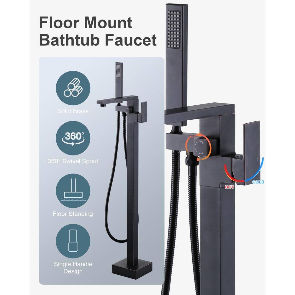 Single-Handle Floor Mount Freestanding Tub Faucet Waterfall Tub Filler with Handheld Shower in Oil Rubbed Bronze