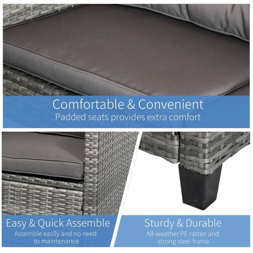 Outsunnny 4 Piece Patio Furniture Set, Outdoor Wicker Loveseat Sofa & Chairs, with 2-Tier Coffee Table & Tufted Cushions, Carbonized