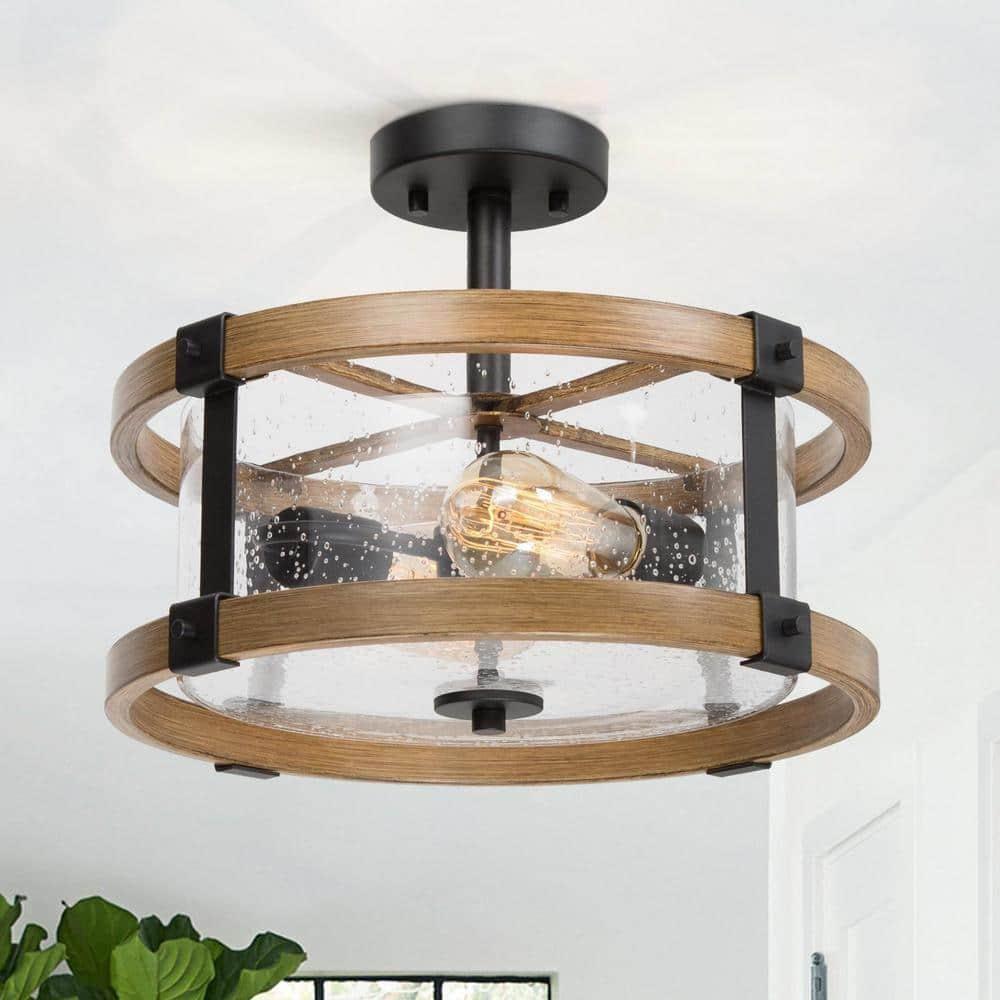 LNC Farmhouse 2-Light Semi-Flush Mount Light with Seeded Glass Shades 15",Brown Wood&Black