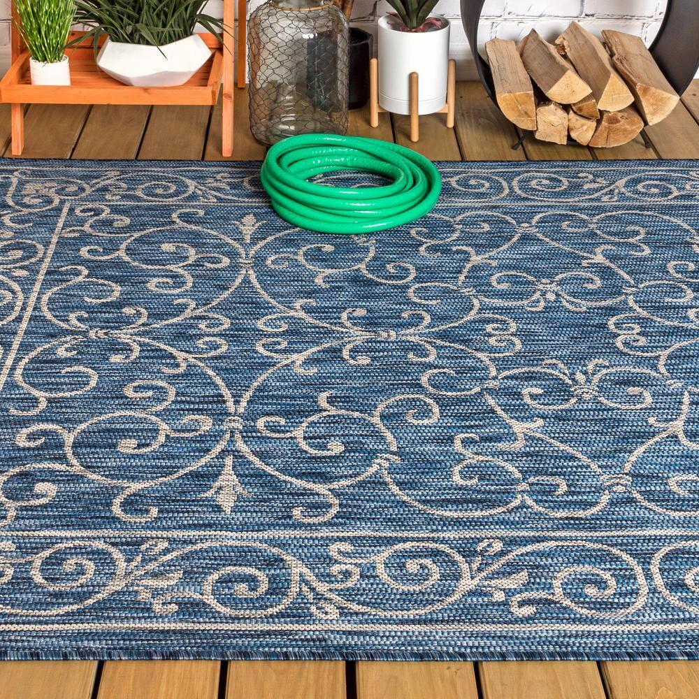 9' X 12' Charleston Vintage Filigree Textured Weave Indoor/Outdoor Area Rug, Navy/Gray - JONATHAN Y